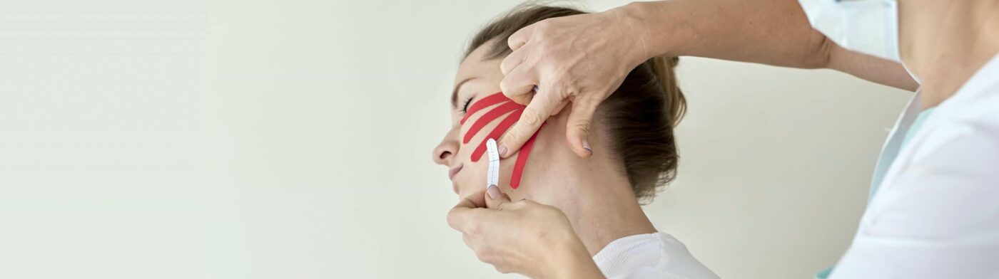 Taping twarzy, czerwone taśmy kinesiotaping na policzku klientki, Salon Magnolia Pawłowice