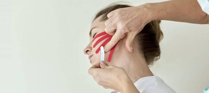 Taping twarzy, czerwone taśmy kinesiotaping na policzku klientki, Salon Magnolia Pawłowice
