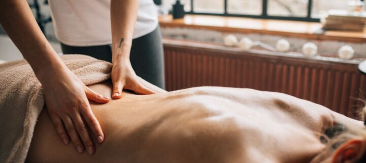 Masaż relaksacyjny, dłonie na plecach przy oknie, Salon Magnolia